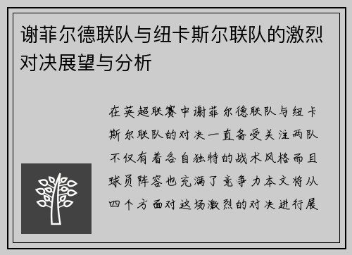 谢菲尔德联队与纽卡斯尔联队的激烈对决展望与分析
